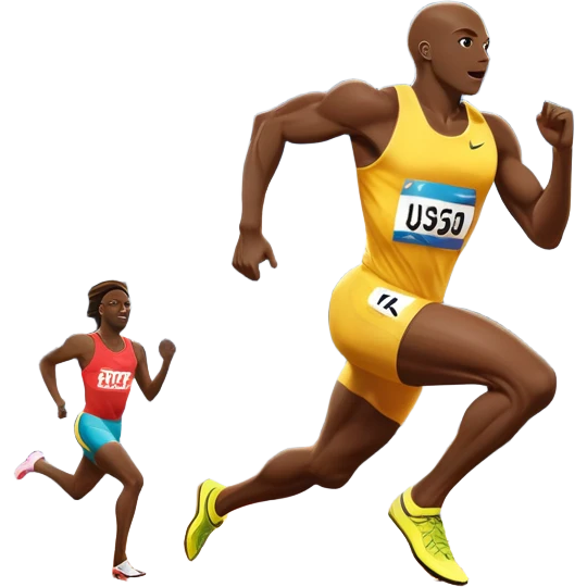 An icon depicting a sprinter in mid-run on a track, muscles tense with speed. The background shows a vibrant stadium filled with cheering fans, bright lights illuminating the track, and a clear sky above. The energy of the race and the thrill of competition are captured in motion.  emoji