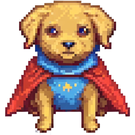 A pixel art style emoji of a super dog with a red cape. emoji