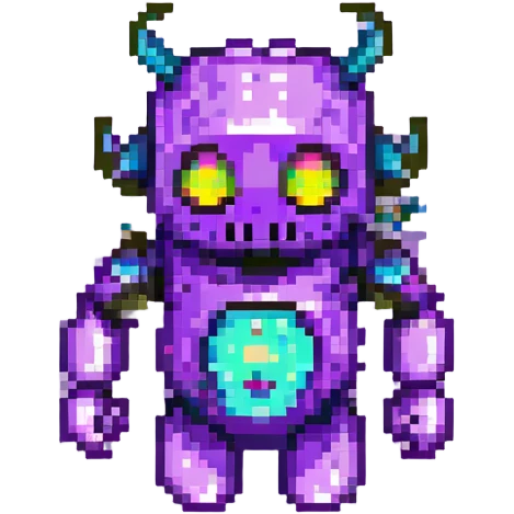purple demon bot, floating, digital aura, pixelated effects emoji