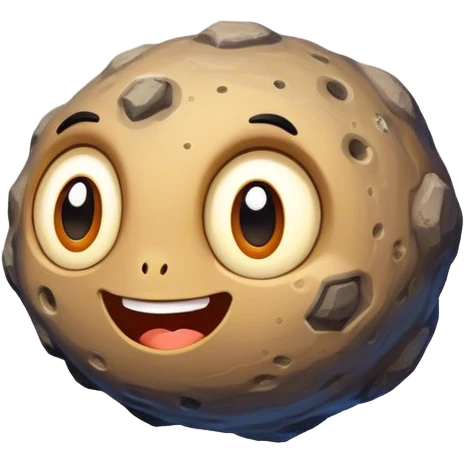 A smiling asteroid with large, expressive eyes (not too big). Comic-style with bright colors and bold lines. Floating through space with a glowing, playful trail. Cartoonish, cheerful, and friendly vibe. emoji