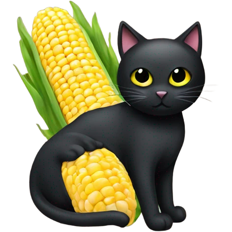 Fully black cat with yellow/green eyes sitting next to elote on the cob emoji