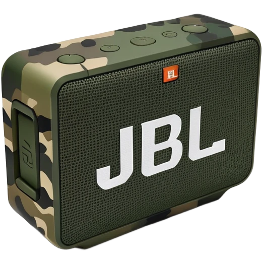 Minimalist JBL Go 4 portable speaker with military camouflage pattern, simple clean design, rectangular shape, subtle JBL logo emoji