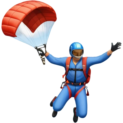 A base jumper soaring through the sky, with a parachute deployed, gliding over a dramatic cliffside or tall building. The background showcases a vast landscape below, with clouds and open skies, emphasizing the adrenaline and freedom of the sport emoji