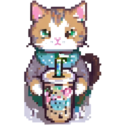playful cat with a boba drink emoji