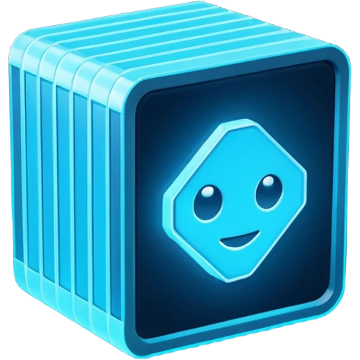 Pixel art emoji icon of a futuristic holographic book (help), neon blue sci-fi voxel style, cute tech aesthetic, centered, simple, high contrast, 3D shading, soft glow, transparent background, 100x100 px, game UI icon emoji