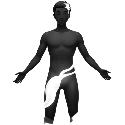 minimalist b&w male silhouette with flowing black-and-white curves across the lower body, now overlaid with a small, softly glowing spark or radiant light near the chest or head — symbolizing inspiration, inner fire, and creative energy awakening” emoji