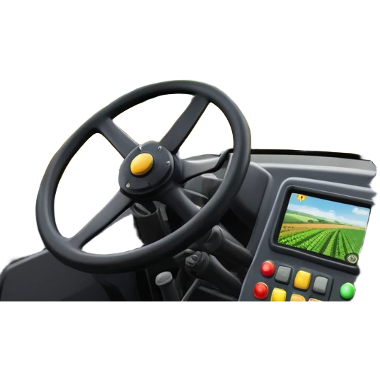 a view from the tractor cabin, with the dashboard in focus, overlooking a vibrant rural landscape. Inspired by Farming Simulator 22, the scene includes fields, crops, and distant barns under a bright sky. The design highlights the immersive experience of farm management. transparent background emoji