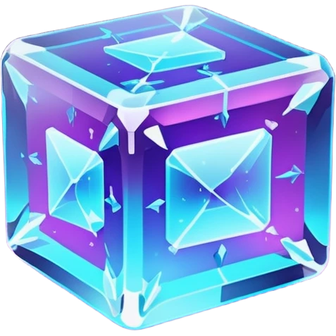 Futuristic glowing ice crystal cube, icy neon cyan highlights, purple neon accents, dark background, digital tech style. emoji