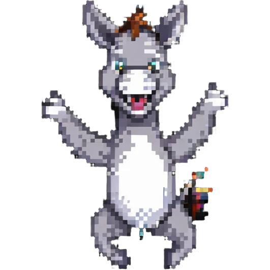 donkey jumping, excited expression, pixel art emoji