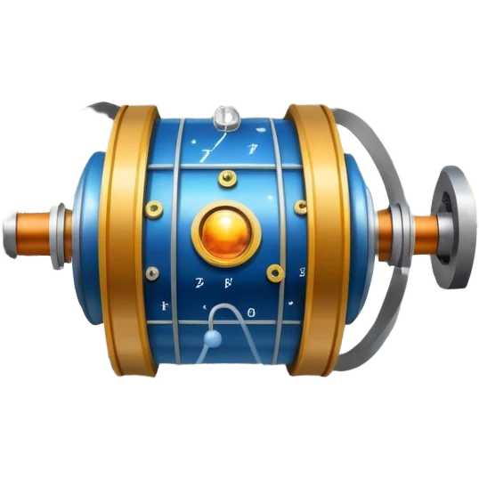 An icon featuring a physics textbook, a large Hadron Collider with particles flying off, symbolizing the study of physics. The design includes atomic models, energy waves, and scientific formulas, representing fundamental physical principles and research. Transparent background. emoji