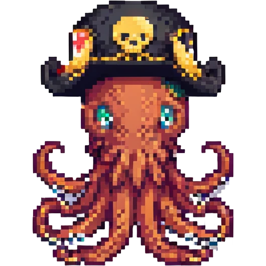 pixel art octopus wearing a pirate hat emoji