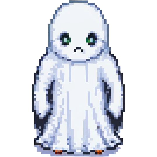 pixel art ghost, classic video game style, white with black outline emoji