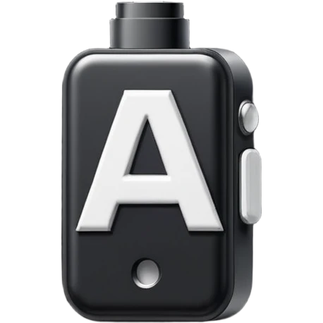 Pixel-art icon, letter [А], designed as mini vape pod. Square canvas, same style as other letters. Black/metallic, flat vector, white outline. emoji