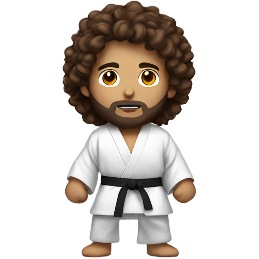 young sensei with brown long curly hair that's facing upwards and beard Wearing a white robe and holding martial arts equipment emoji