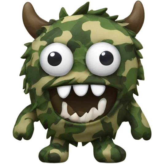 Camouflage monster stuffed animal with teeth sticking out and eyepatch cute small emoji