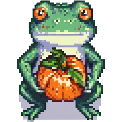 pixel art frog holding a persimmon fruit, vibrant colors emoji