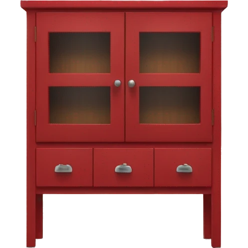 Realistic front facing red hanging kitchen cabinets and counter.  emoji