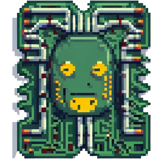 a jaded AI, stylized circuit board with unimpressed emoji, blue and gray tones emoji