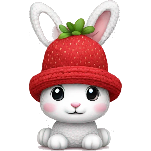 Cute rabbit wearing strawberry crochet hat emoji