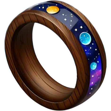 dark wood ring with epoxy resin in space and stars motifs crystal emoji