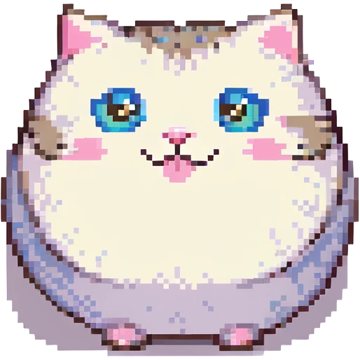 pixel art emoji of a round, adorable cat sitting, big shiny eyes, pink cheeks, joyful face emoji