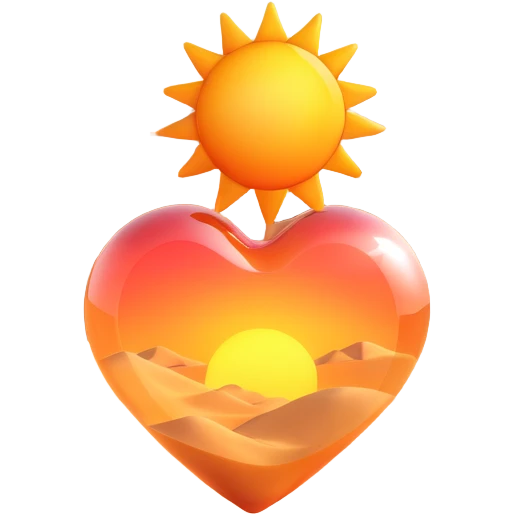 Add a realistic sun inside the glass heart, above the desert sand dunes, keep the glass look and no vegetation, 3D emoji style, with no background emoji