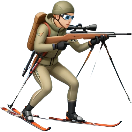 An icon showing a snowy landscape with pine trees, mountains, and a clear sky with a biathlete aiming a rifle in the foreground, wearing winter gear and skis. Transparent background emphasizes the precision, endurance, and beauty of this winter sport. emoji