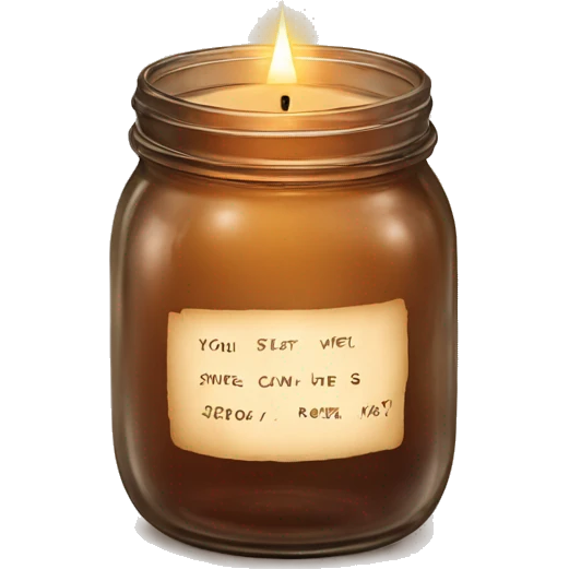Brown glass mason jar with writing on a label and a candle burning emoji