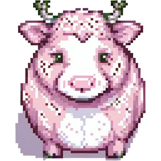 strawberry cow, pixel art style, small and chubby, pink and white, with strawberry patterns emoji