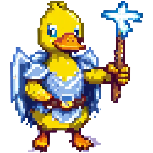 pixel art duck wielding Mjolnir with a lightning rod, no armor, plain yellow duck emoji