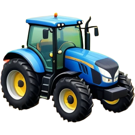 An icon representing a farming simulator, with a detailed tractor plowing fields under a bright sky with bright rural landscape. The design includes farming tools, crops and barns, symbolizing the immersive experience of managing a farm. Transparent background. emoji