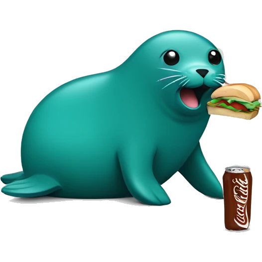 teal-coloured seal eating a sandwich with a bottle of soda and a chocolate bar emoji