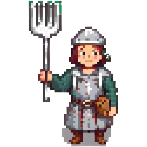 pixel art Twitch emoji of a cartoonish medieval peasant with a fork emoji