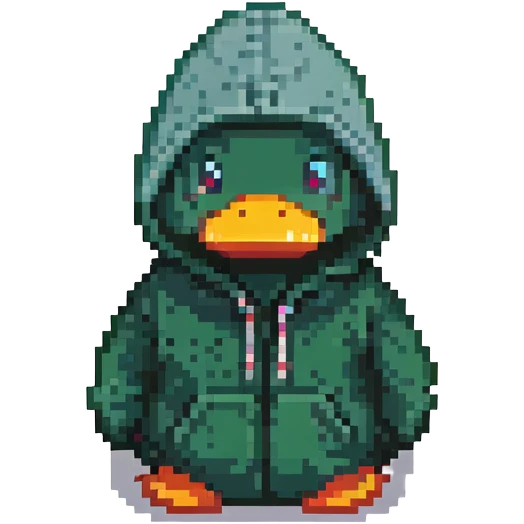 dark green rubber duck with tiny hoodie, hacker emoji