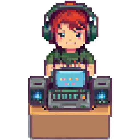 pixel art music producer with laptop and speakers retro vibe emoji