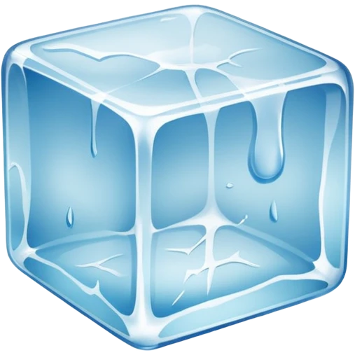 A single transparent ice cube on a clean white background, with realistic reflections and refractions. The ice cube has visible cracks and textures inside, slightly melting on the surface. Studio lighting, high detail, macro photography style. emoji