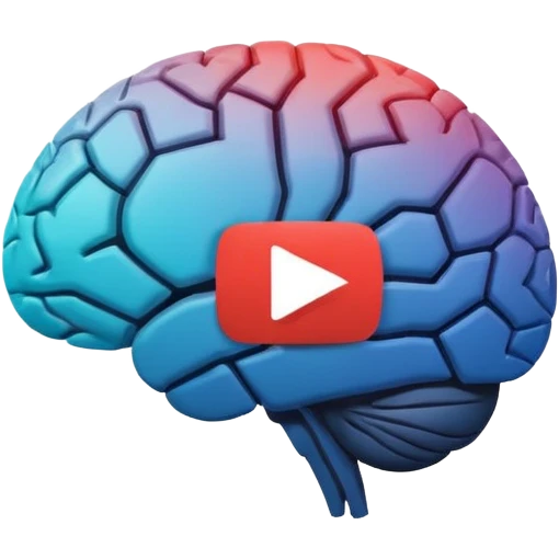 Minimalist flat icon design, brain silhouette with YouTube play button triangle integrated inside, clean vector style, single color or gradient, simple lines, professional logo style, white background, centered composition emoji