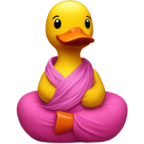 Praying Side view of yellow rubber duck with a pink bandana doing yoga emoji