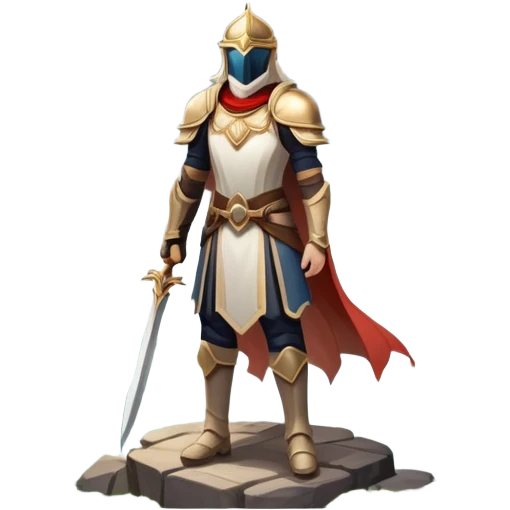 An icon featuring a hero with a closed visor, standing in a majestic, mystical landscape, inspired by RPGs like Elden Ring. The design includes a stunning, ethereal background with towering castles and distant mountains, symbolizing the adventure and mystery. Transparent background emoji