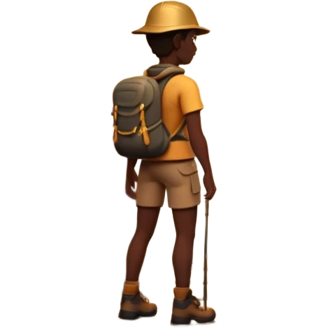 A 3D cartoon hiker silhouette standing on a rocky path at sunset, warm golden light, Memoji-style rendering. emoji