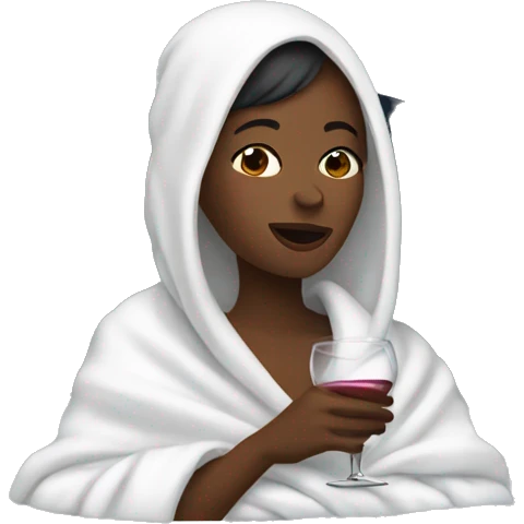 woman wrapped in white blanket drinking wine emoji