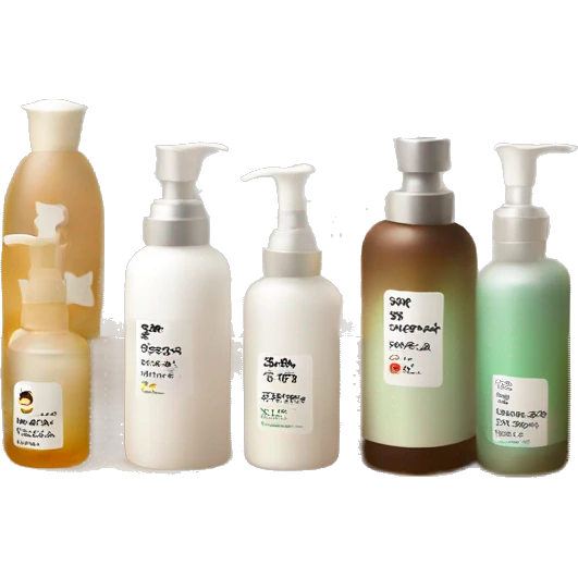 korean skincare bottles standing on wooden bathroom tray emoji
