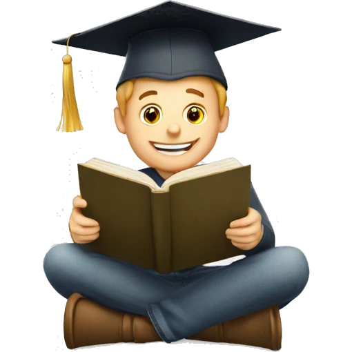 a smart white man with graduation hat happily reading book emoji