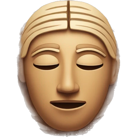A human face based on Moche heads, with closed eyes, a soft smile, and simple geometric lines. Surrounded by spirals that symbolize knowledge. Colors in earthy tones. emoji