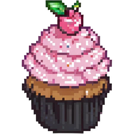 pixel art cupcake with pink icing and a cherry on top emoji