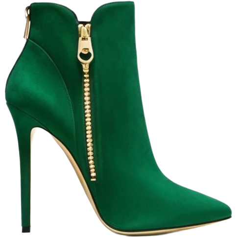 Hyper Realistic, Michael Kors jew tone emerald green suede, both pairs of stiletto ankle bootie boots, detailed  sparkly 14k Gold zipper emoji