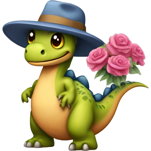 Dinosaur Pimpus with hat and flowers in hand emoji