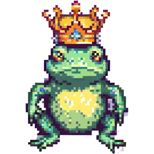 pixel art crowned frog, jumping with crown slightly tilted emoji