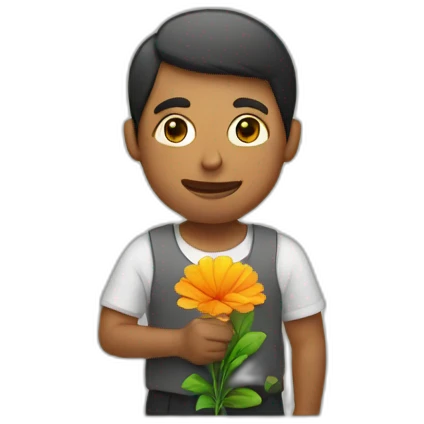 man holding flower behind emoji