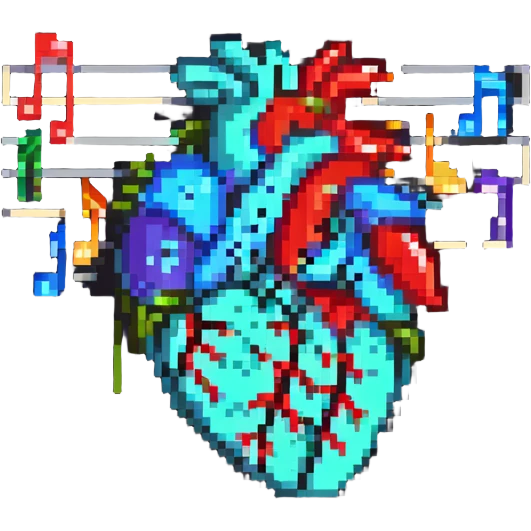 cute anatomical heart singing joyfully, with music symbols, pixel art emoji